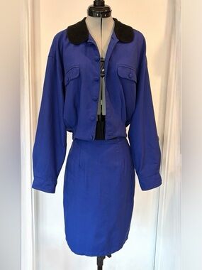 Esprit VTG 80s high waist skirt/ jacket set, buttons, royal blue/blk, GUC, sz5/6
